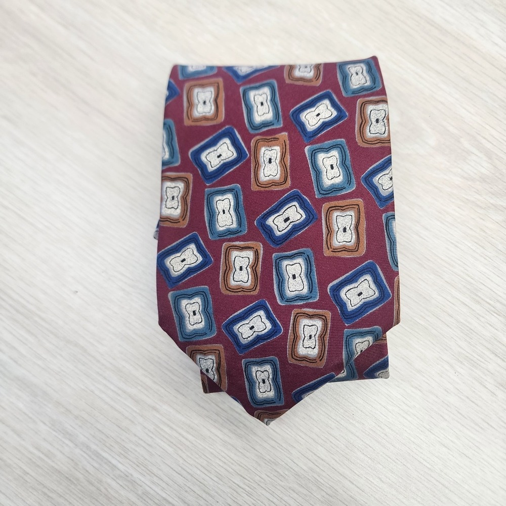 Christian Dior Monsieur Silk‎ Tie Woven in Italy Geometric Pattern Burgundy Blue